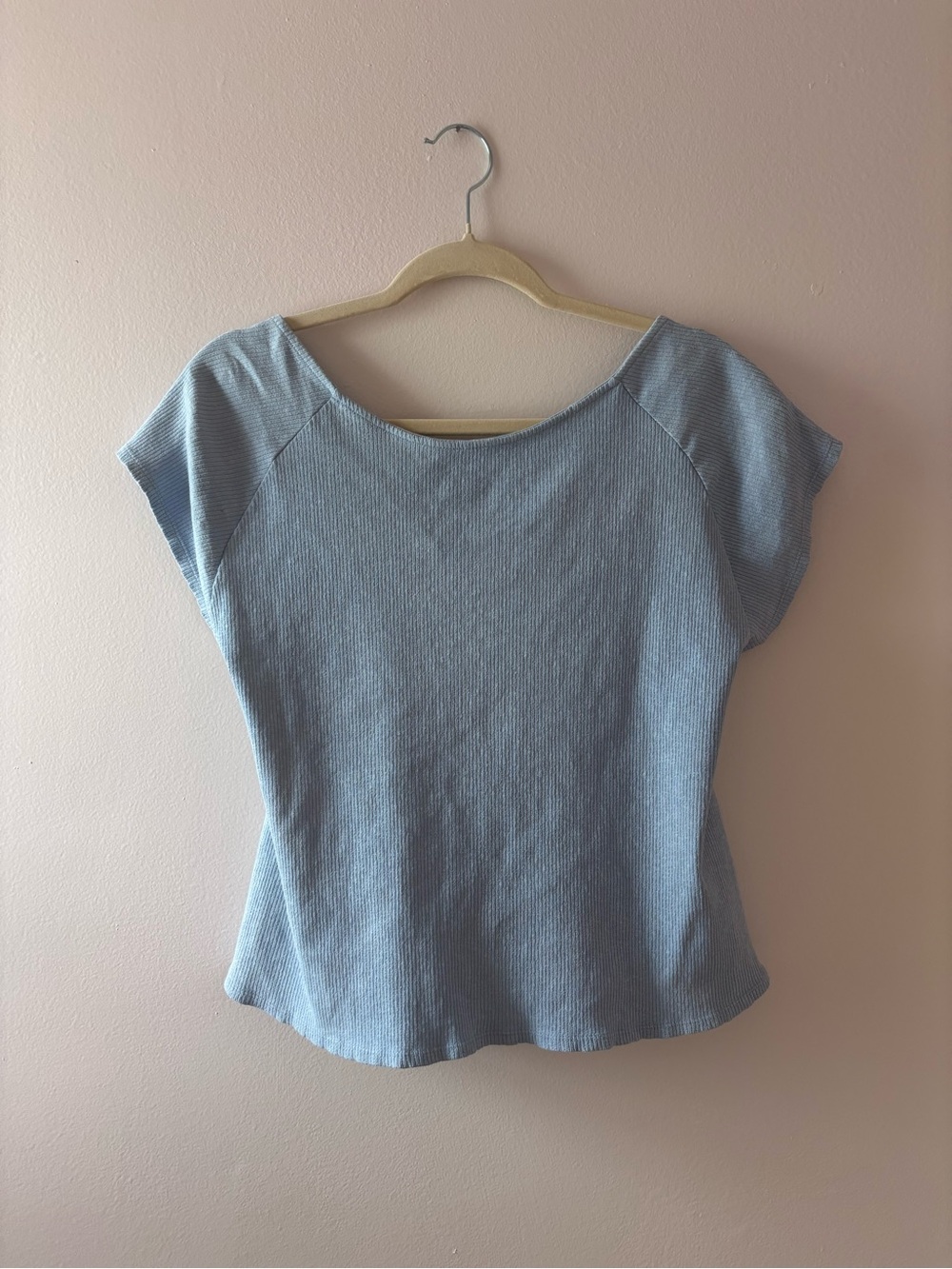 aerie Light Blue Ribbed Scoop-Neck, Open Back Short Sleeve Top